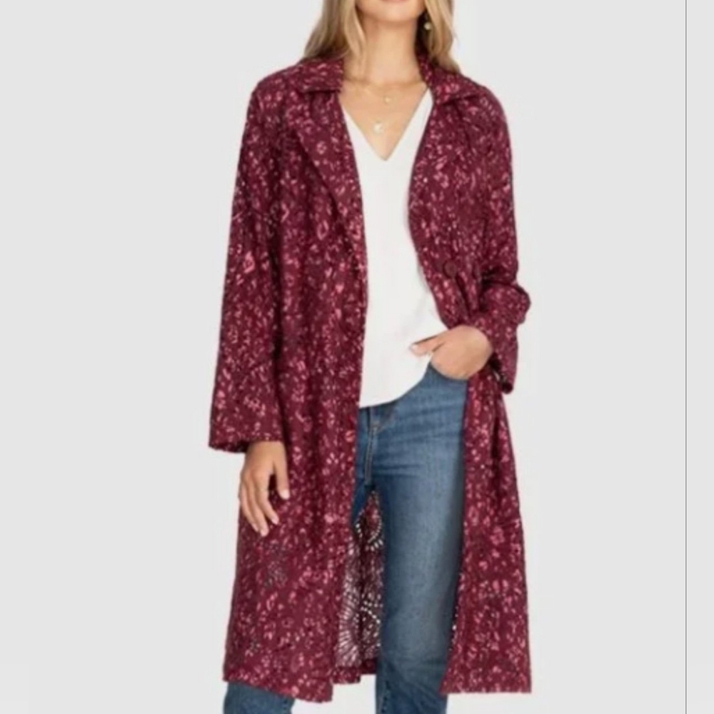 NWT Johnny Was Red & Pink Zaragoza Linen Eyelet Boho Trench Duster Jacket